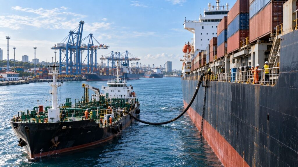 Bunker fuel supply vessel transferring marine fuel to cargo ship