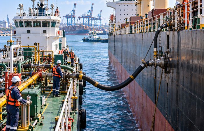 Marine fuel supply operation alongside commercial vessel