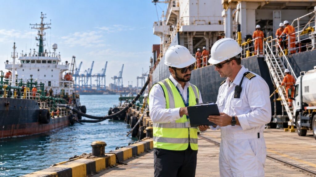 Marine fuel supply coordination between port workers and vessel crew