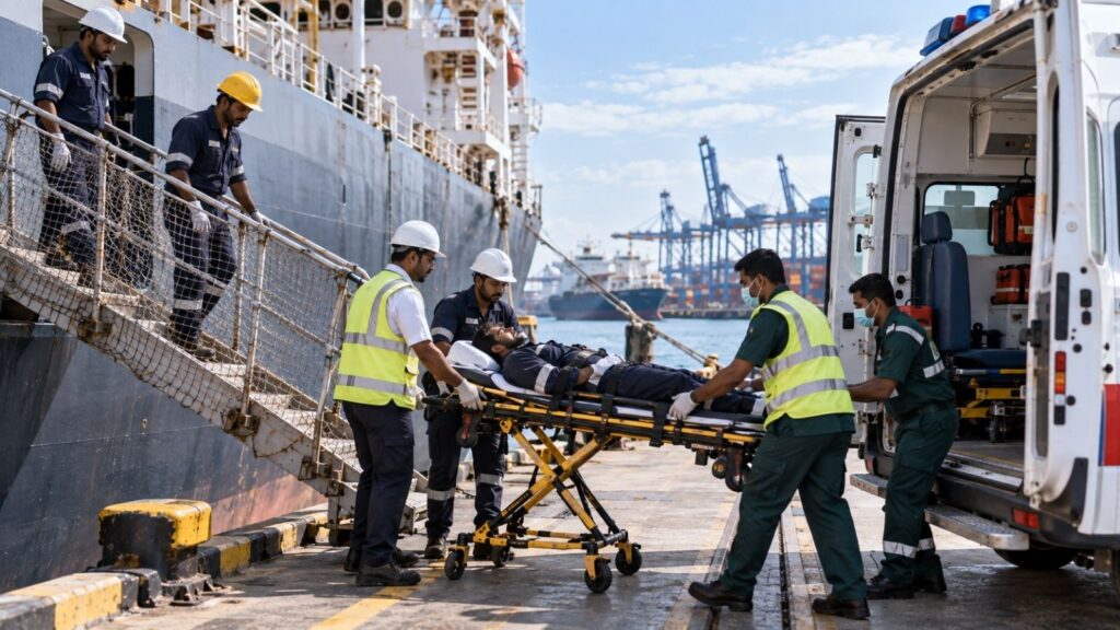 Marine technicians performing maintenance on vessel engine equipment