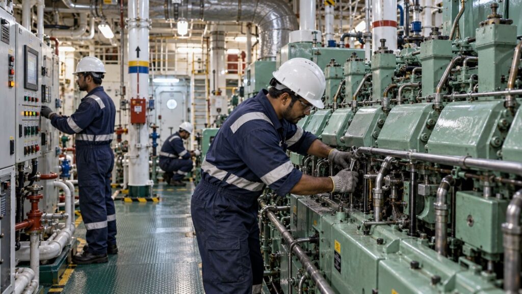 Marine engine maintenance and technical support onboard cargo vessel