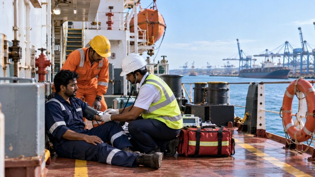 Marine technician inspecting equipment onboard a commercial vessel
