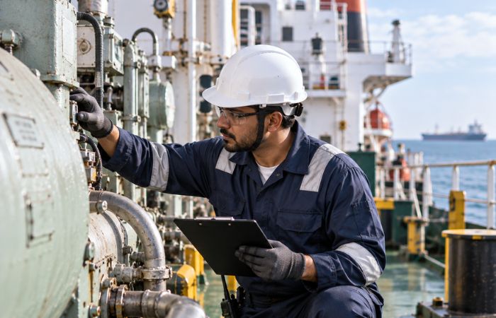 Marine technician inspecting equipment onboard cargo vessel