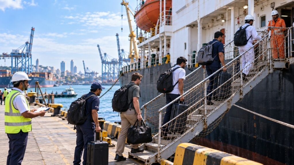 Crew members boarding a commercial vessel with port support