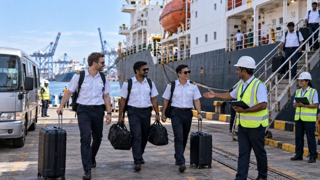 Crew members arriving at a commercial vessel during crew change