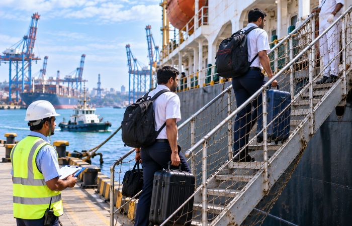 Seafarers boarding commercial vessel during crew change