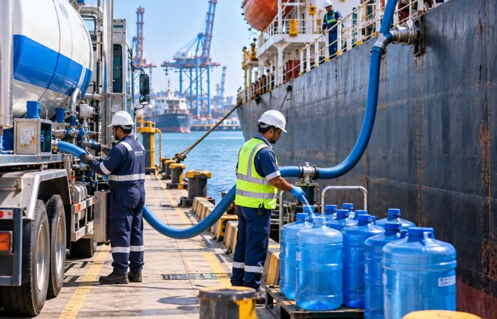 Freshwater supply being delivered to commercial vessel at port