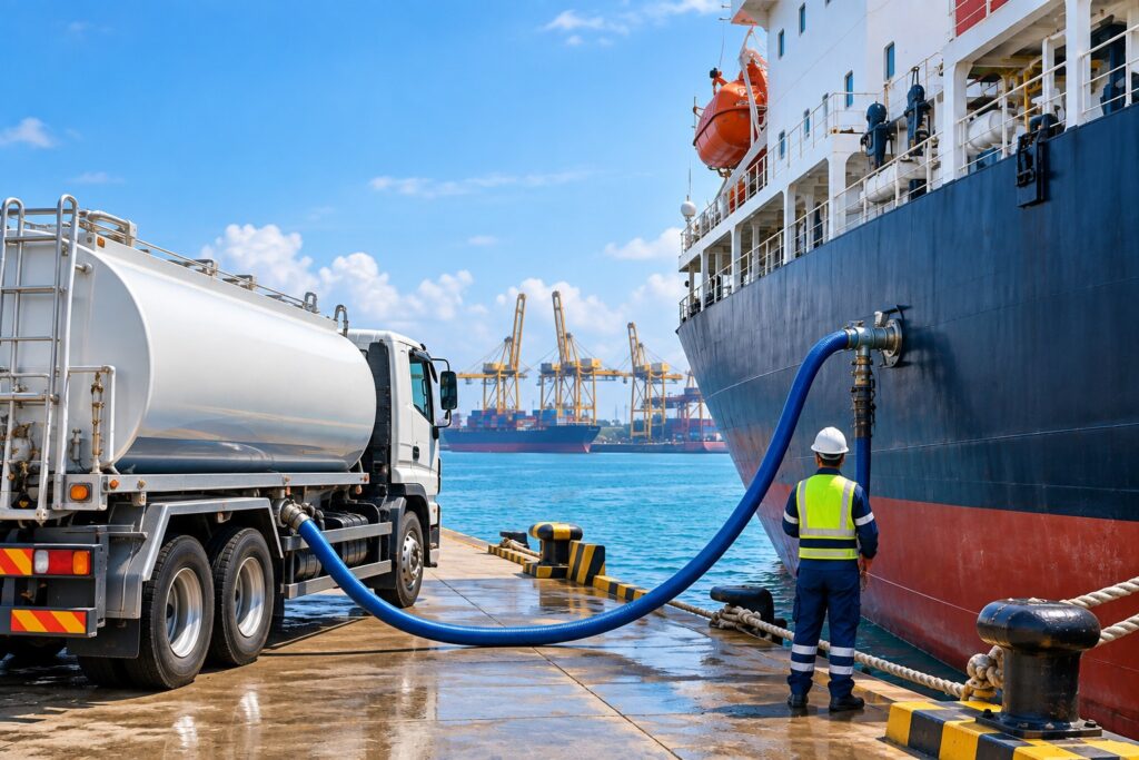 Freshwater tanker supplying water to vessel at Sri Lankan port
