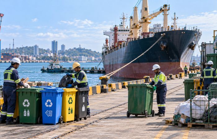 Workers collecting vessel waste at commercial port