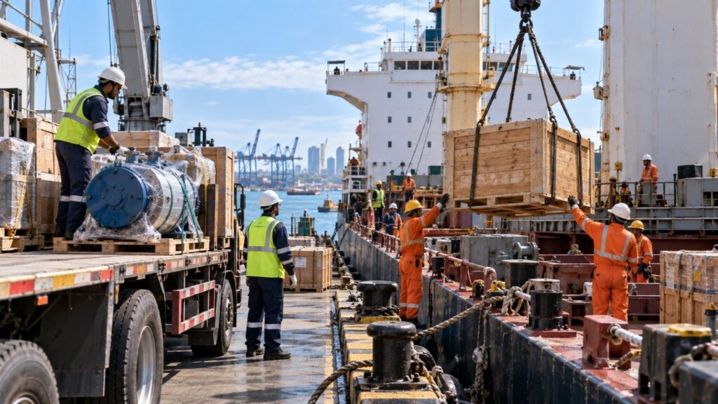 Marine spare parts being delivered onboard a commercial vessel