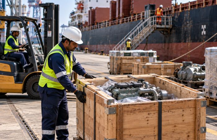 Marine spare parts prepared for delivery to cargo vessel