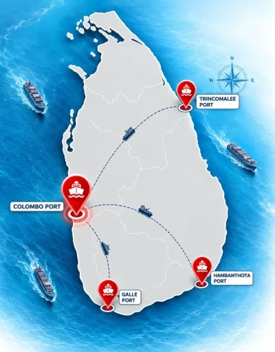 Sri Lanka map with ports mentioned